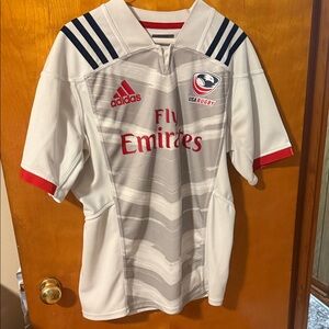 Adidas White and Gray Rugby Jersey with Red Accents. Has a spot on it